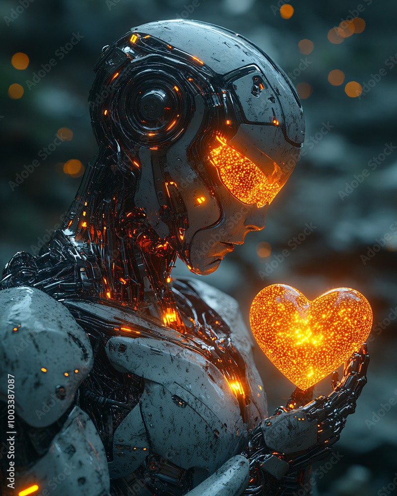 sci-fi robot holding a glowing heart sci-fi robot holding a glowing heart