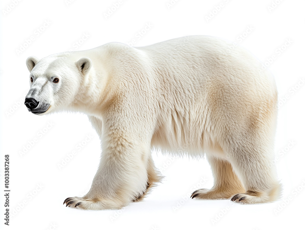 Fototapeta premium Imposing polar bear with white fur isolated on white background.