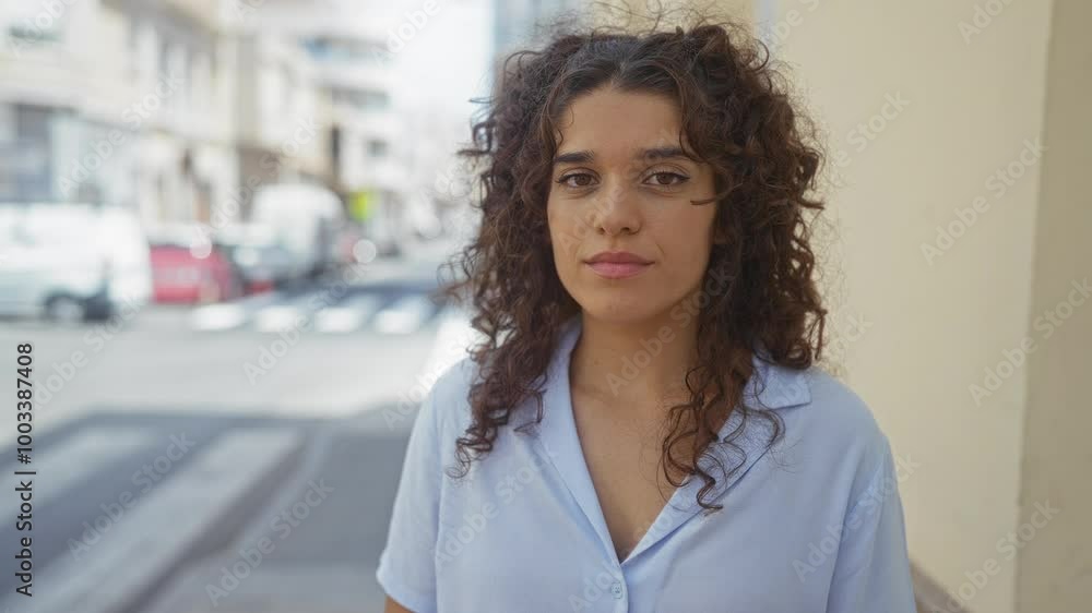Woman standing on urban street, young, adult, female, brunette, beautiful, attractive, outdoors, hispanic, city Woman standing on urban street, young, adult, female, brunette, beautiful, attractive, outdoors, hispanic, city