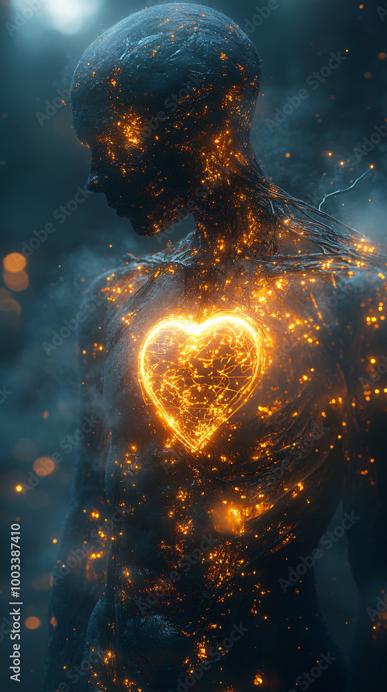 Obraz premium fiery heart: dark, abstract figure with glowing heart illustration - 3d render