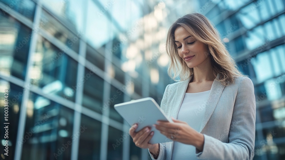 Businesswoman Using Tablet in Modern Urban Setting Businesswoman Using Tablet in Modern Urban Setting
