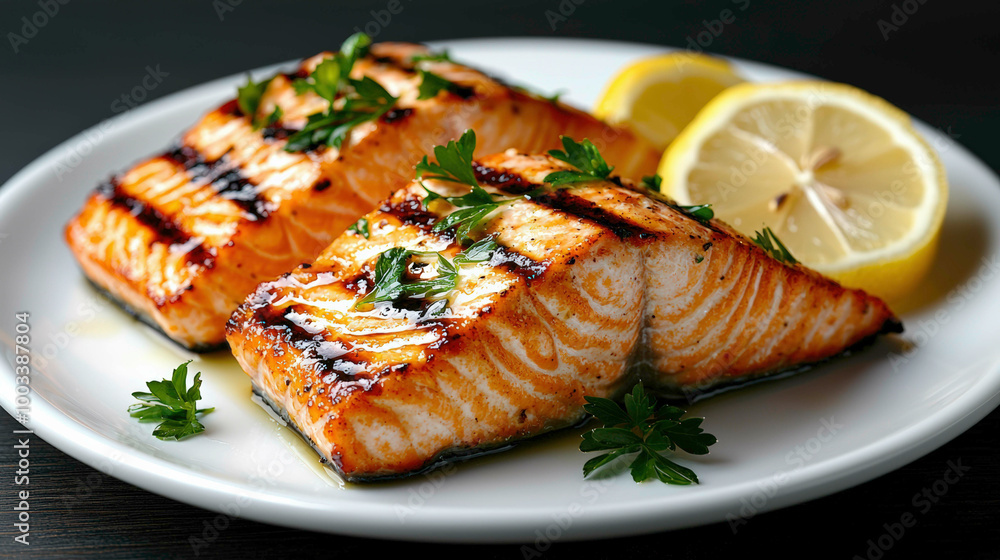 Succulent grilled salmon with smoky grill marks, garnished with fresh parsley and served with lemon slices. A perfectly cooked, flavorful seafood dish that’s both healthy and delicious. Succulent grilled salmon with smoky grill marks, garnished with fresh parsley and served with lemon slices. A perfectly cooked, flavorful seafood dish that’s both healthy and delicious.