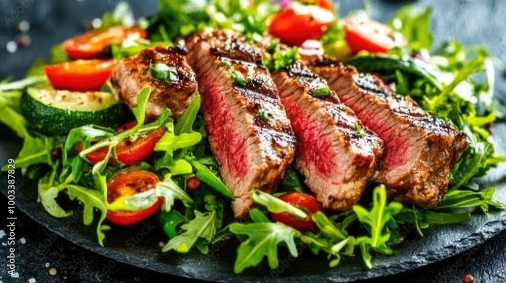 Gourmet Ribeye Steak Presentation on Fresh Greens Gourmet Ribeye Steak Presentation on Fresh Greens