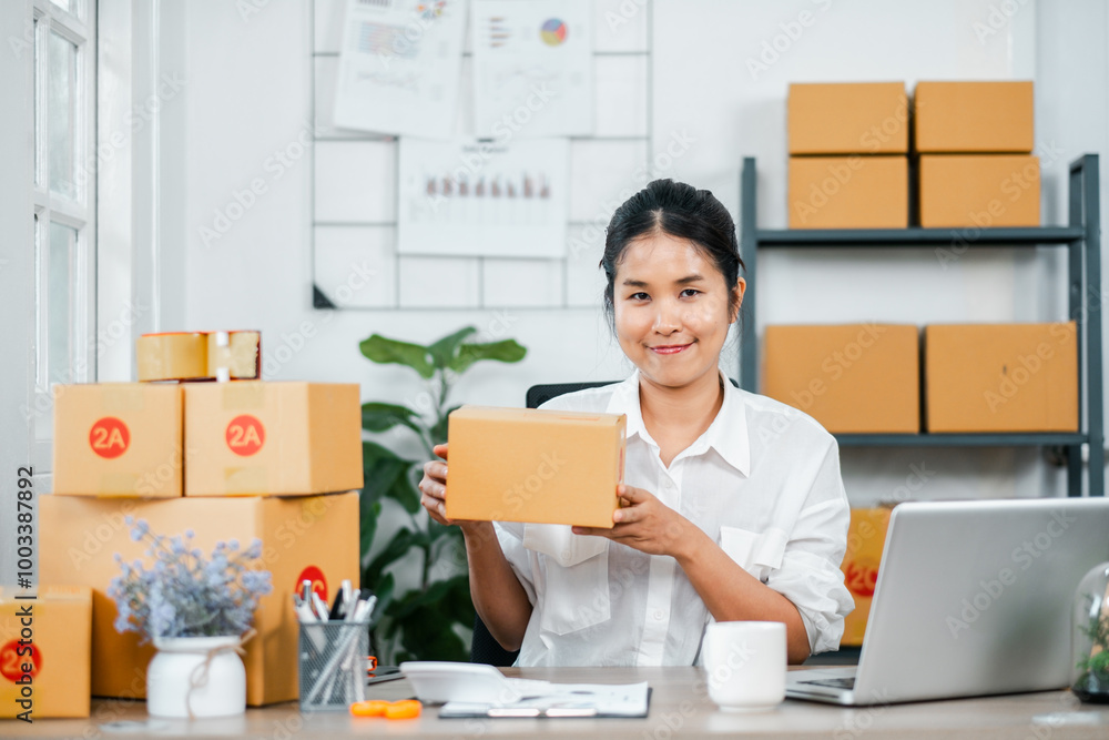 A young woman managing her small business from home, surrounded by shipping boxes and working on a laptop. A young woman managing her small business from home, surrounded by shipping boxes and working on a laptop.