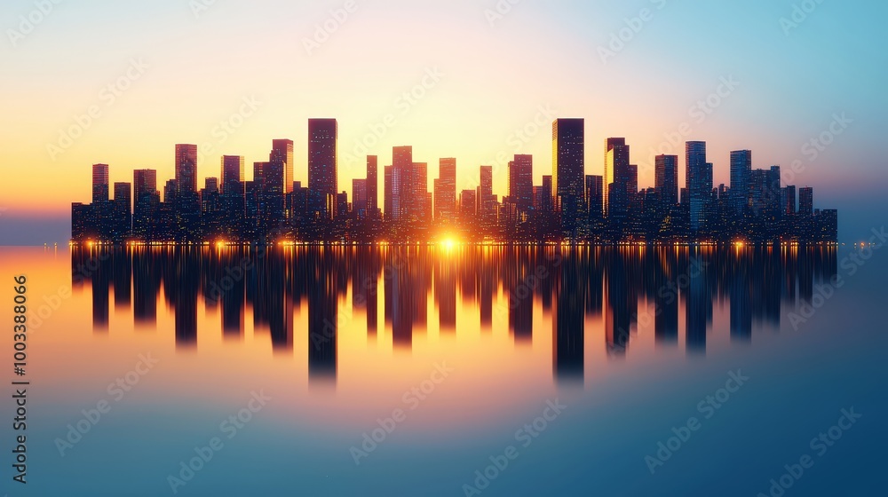 Obraz premium Cityscape Skyline Reflection at Sunset Urban Architecture City Lights Modern Building