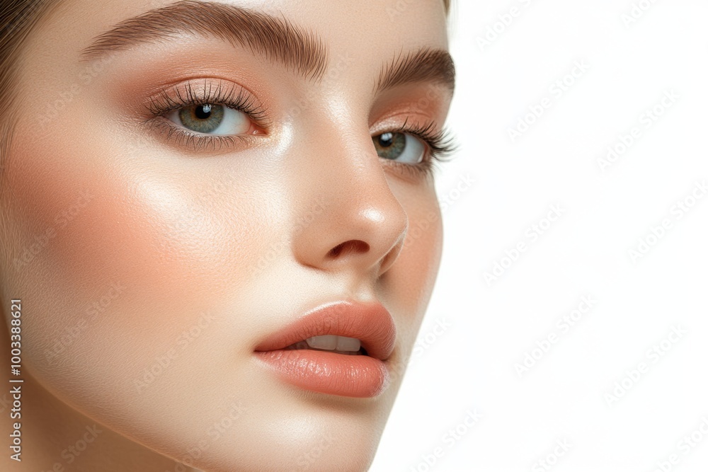 Elegant woman showcasing natural beauty with flawless skin and subtle makeup against a white background, highlighting her healthy features Elegant woman showcasing natural beauty with flawless skin and subtle makeup against a white background, highlighting her healthy features