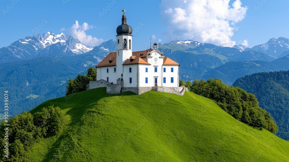 Alpine Church on a Hilltop with Mountain Views Alpine Church on a Hilltop with Mountain Views