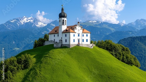 Alpine Church on a Hilltop with Mountain Views