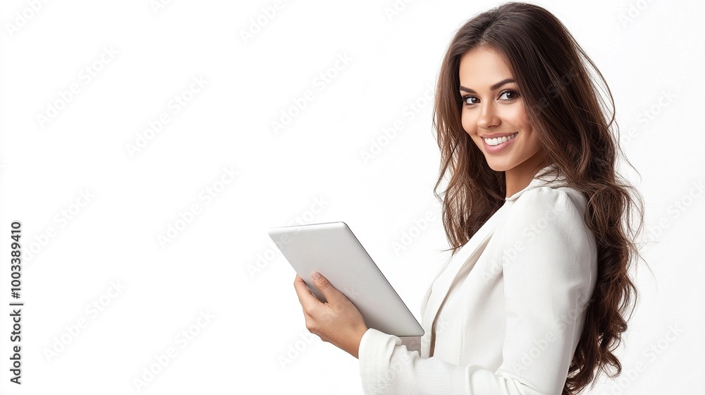 Confident Woman Holding Tablet in Stylish Attire Confident Woman Holding Tablet in Stylish Attire