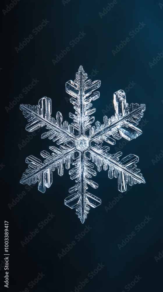 Macro photograph of a symmetrical snowflake on Macro photograph of a symmetrical snowflake on