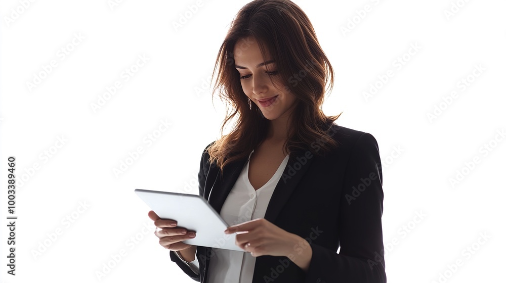 Confident Woman Using Tablet in Bright Environment Confident Woman Using Tablet in Bright Environment