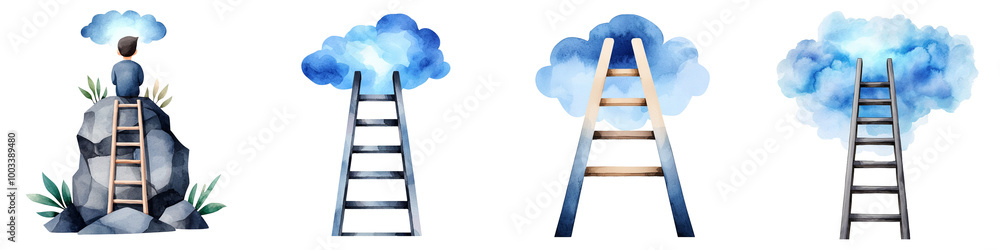 A ladder leading to the sky clipart, success and effort symbol, watercolor style, soft blue and gray A ladder leading to the sky clipart, success and effort symbol, watercolor style, soft blue and gray