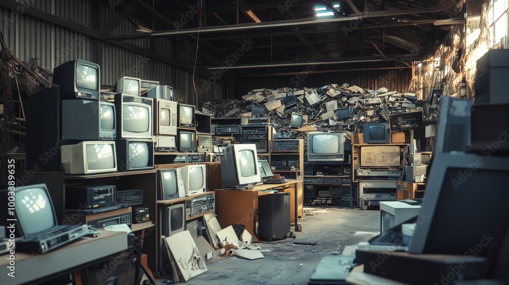 An e-waste recycling facility where old electronics such as computers, smartphones, and televisions are dismantled and recycled. An e-waste recycling facility where old electronics such as computers, smartphones, and televisions are dismantled and recycled.