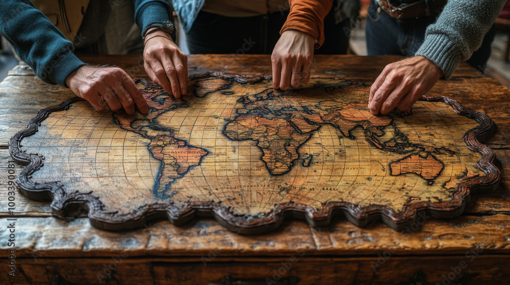 Four people plan their next adventure by pointing at a vintage world map. Four people plan their next adventure by pointing at a vintage world map.