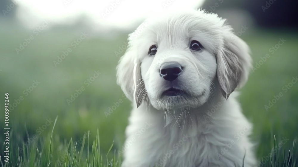 Playful Puppy Sitting on Grassy Lawn Playful Puppy Sitting on Grassy Lawn