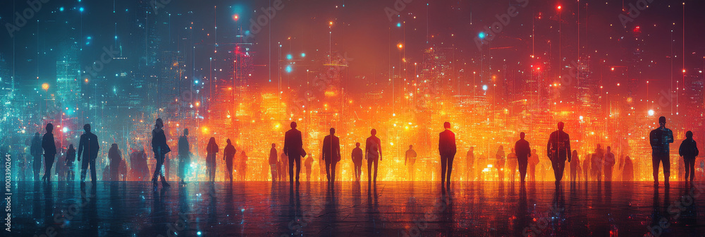 Silhouettes of people walking in front of a futuristic city skyline. Silhouettes of people walking in front of a futuristic city skyline.