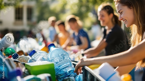 Recycling Day Event: Capture a community gathering where people are sorting and recycling materials, showcasing the importance of waste management and sustainability. 