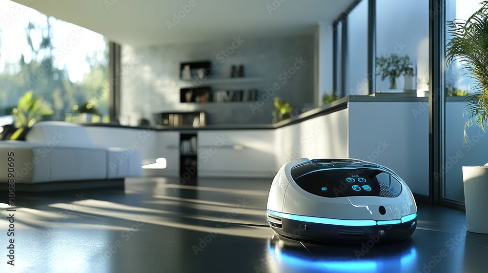 Capture a robotic assistant performing household tasks, such as vacuuming or delivering items, illustrating futuristic home convenience Capture a robotic assistant performing household tasks, such as vacuuming or delivering items, illustrating futuristic home convenience