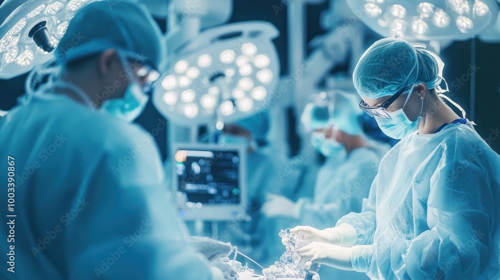 Capture a surgical team using robotic systems for precise and minimally invasive procedures, showcasing advancements in medical technology Capture a surgical team using robotic systems for precise and minimally invasive procedures, showcasing advancements in medical technology