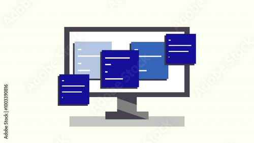 data icon computer monitor with blue files hovering nearby, illustrating digital organization or technology concepts, perfect for web design or tech blogs.