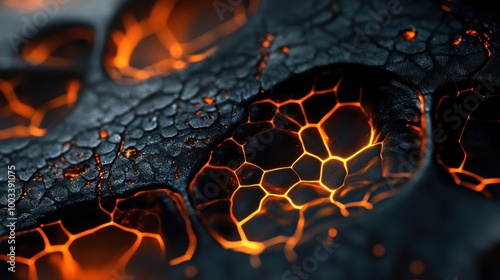 Close-up of Glowing Orange Lava Flowing Through Dark Cracked Rock photo