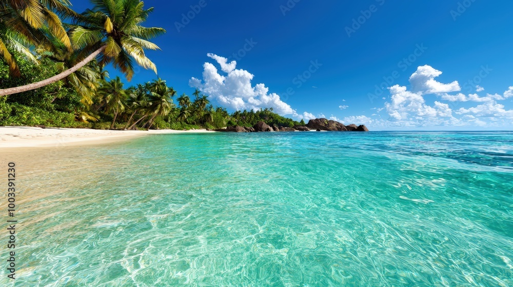 Fototapeta premium Tropical Beach Paradise Seychelles Island Clear Water Palm Trees White Sand Ocean Bl
