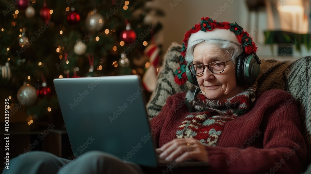 Cozy elderly woman in Christmas attire connects with loved ones on laptop, holiday warmth at home. Cozy elderly woman in Christmas attire connects with loved ones on laptop, holiday warmth at home.