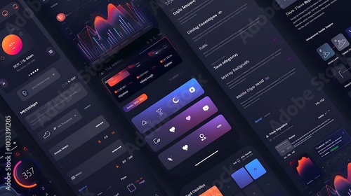 Mobile app UI design with dark mode interface for emphasizing minimalism clean layout user experience modern visuals and futuristic digital interaction aesthetic concept.