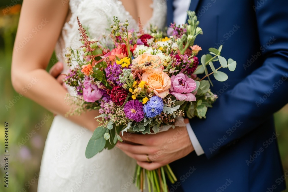 Beautiful wedding bouquet held by bride and groom during an outdoor ceremony in spring with vibrant flowers and greenery surrounding them Beautiful wedding bouquet held by bride and groom during an outdoor ceremony in spring with vibrant flowers and greenery surrounding them