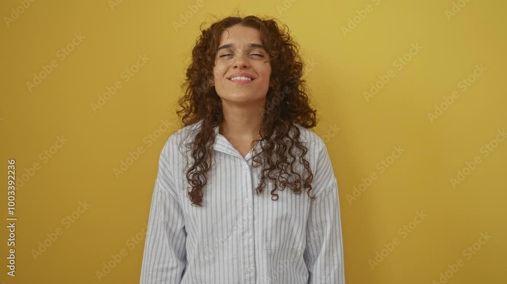 Hispanic young woman in a shirt, standing sideways, smiling and thinking over isolated yellow background Hispanic young woman in a shirt, standing sideways, smiling and thinking over isolated yellow background