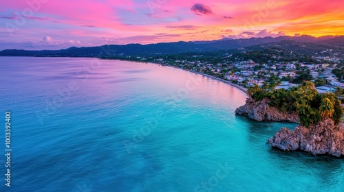Tropical Beach Sunset Aerial View with Palm Trees Caribbean Sea Coastal Town