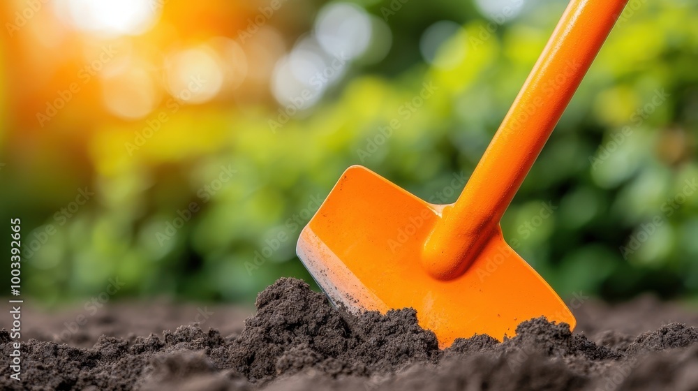 Orange Garden Shovel in Freshly Dug Soil Close up Gardening Tool Ground Spring Summer Orange Garden Shovel in Freshly Dug Soil Close up Gardening Tool Ground Spring Summer