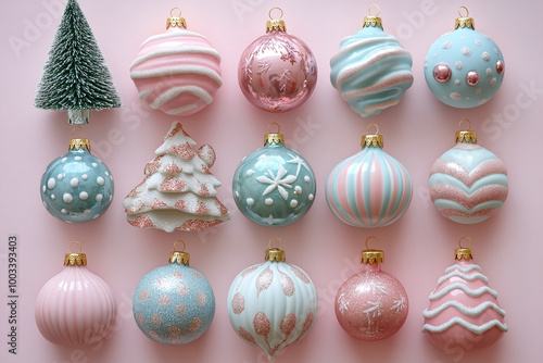 Christmas tree ornaments in pastel colors on a light pink background.