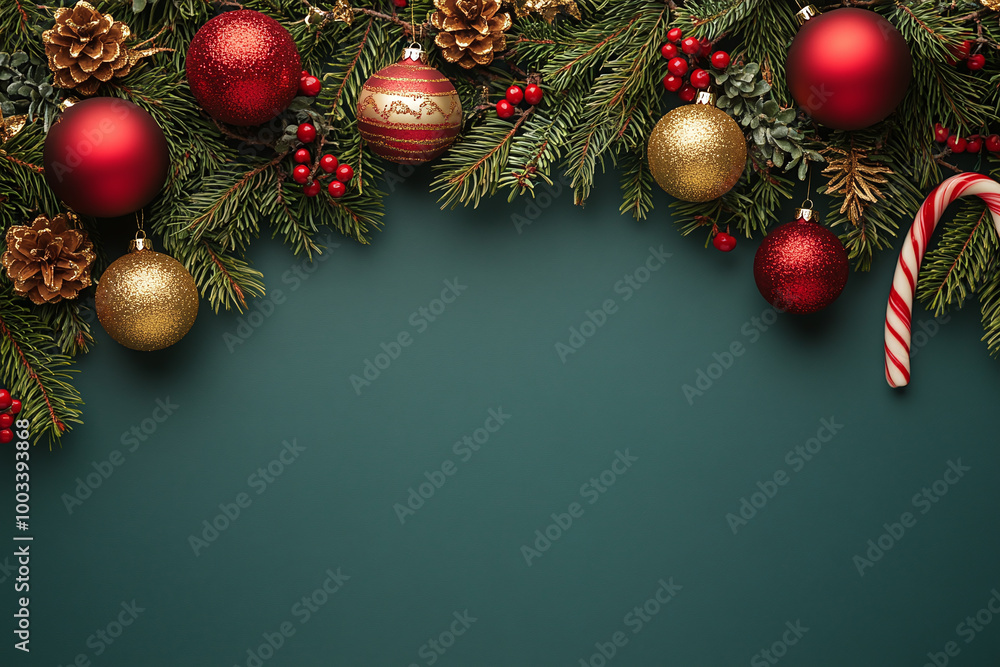 Green background with red and gold ornaments, pine branches, and candy canes at the top. Green background with red and gold ornaments, pine branches, and candy canes at the top.