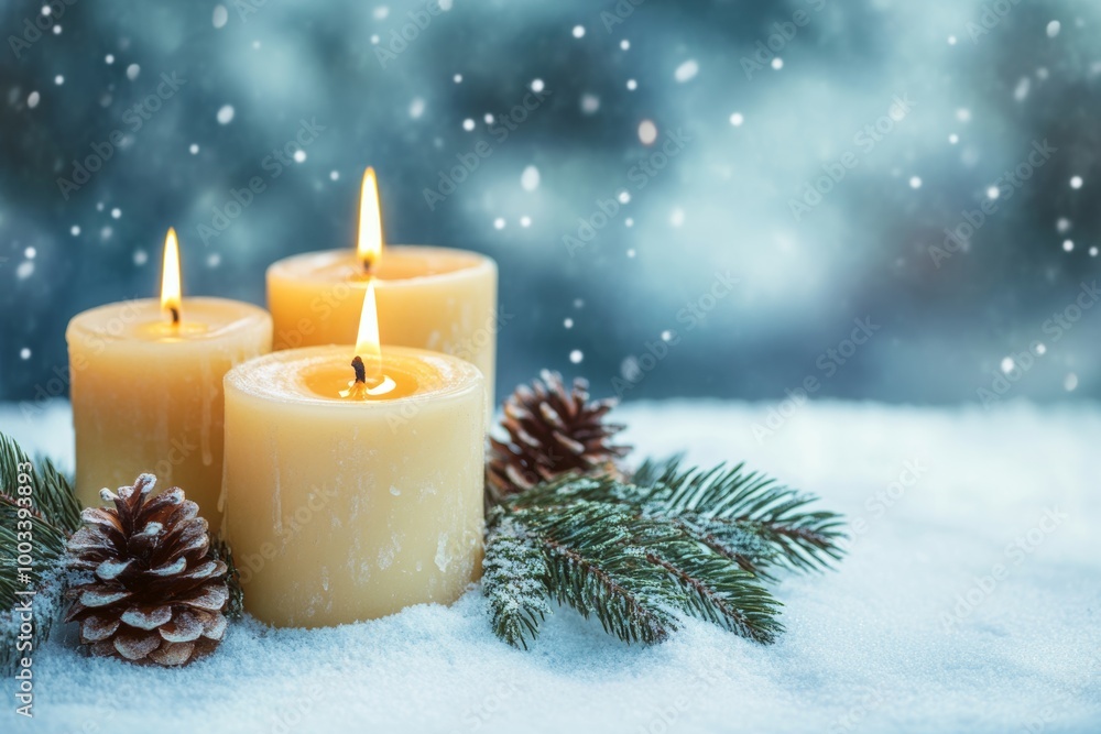 Elegant winter candles surrounded by pinecones and frosted greenery in a serene snowy setting Elegant winter candles surrounded by pinecones and frosted greenery in a serene snowy setting
