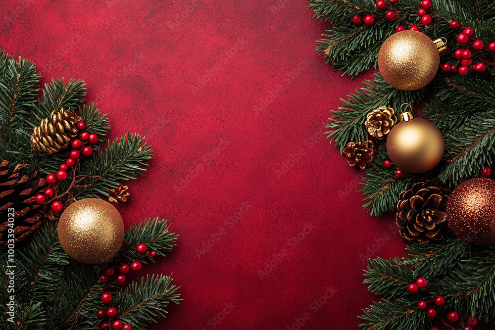 Maroon background with golden baubles, green pine branches, and red berries Maroon background with golden baubles, green pine branches, and red berries