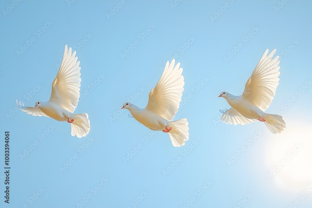 Three graceful white doves soaring in a clear blue sky their wings outstretched symbolizing the concepts of peace hope and freedom This serene minimalist image conveys a sense of tranquility Three graceful white doves soaring in a clear blue sky their wings outstretched symbolizing the concepts of peace hope and freedom This serene minimalist image conveys a sense of tranquility