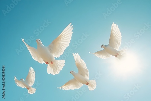 Flock of Graceful White Doves Soaring Across Vibrant Blue Sky Symbolizing Eternal Peace and Hope The image conveys a serene tranquil and uplifting atmosphere