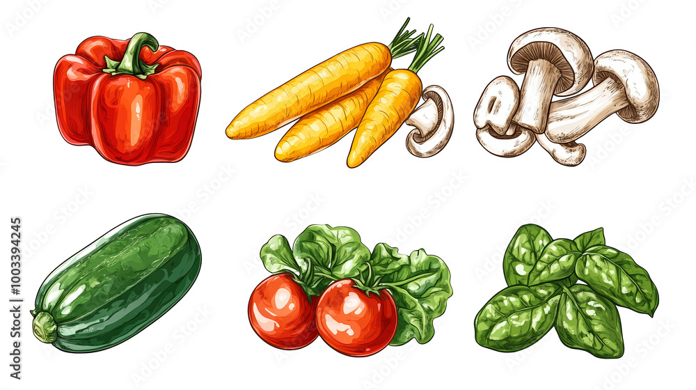 Colorful Vegetables and Mushrooms Illustration Colorful Vegetables and Mushrooms Illustration