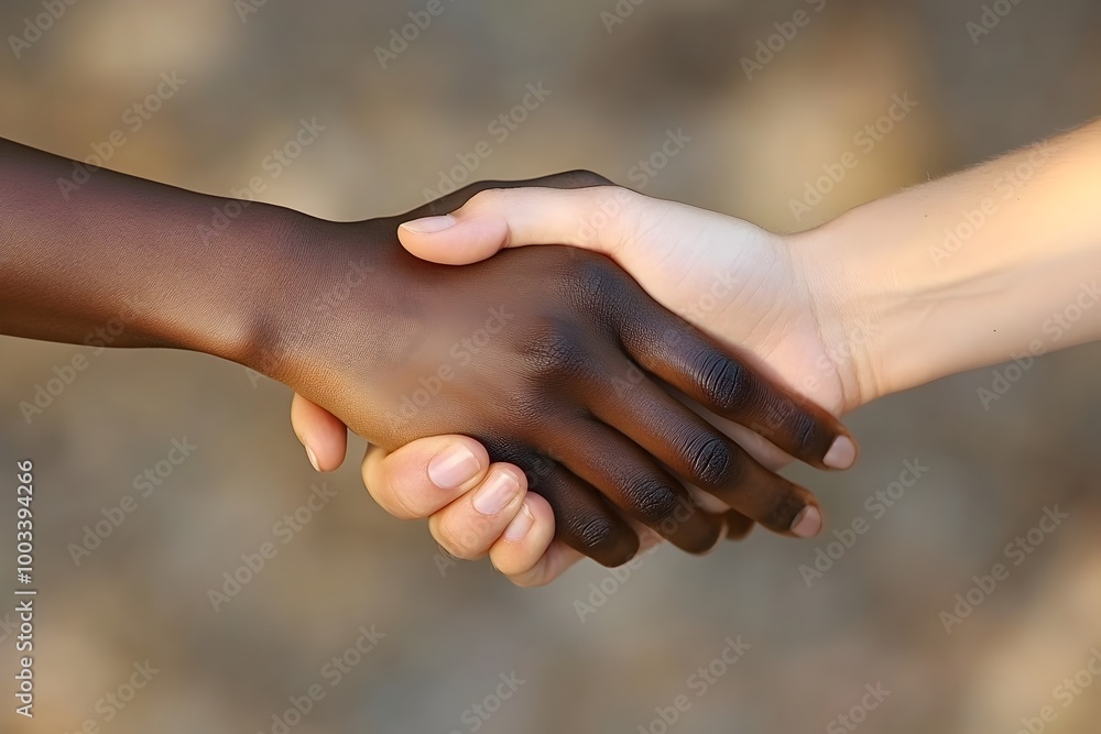 Two hands of different ethnicities clasped together representing a symbol of friendship unity and understanding between diverse individuals Two hands of different ethnicities clasped together representing a symbol of friendship unity and understanding between diverse individuals
