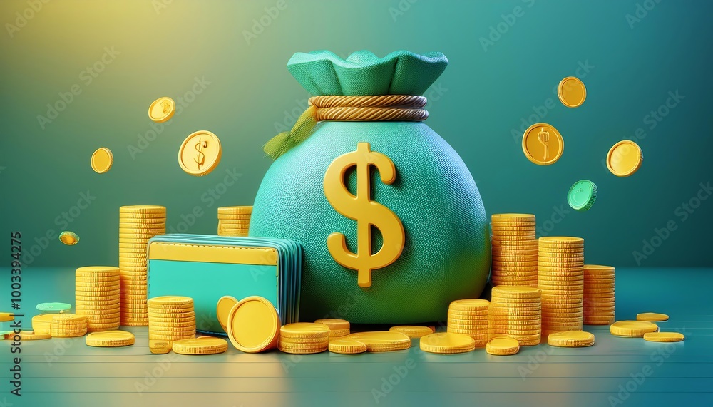A vibrant illustration featuring a money bag with a dollar sign, surrounded by stacks of coins, symbolizing wealth and prosperity. A vibrant illustration featuring a money bag with a dollar sign, surrounded by stacks of coins, symbolizing wealth and prosperity.