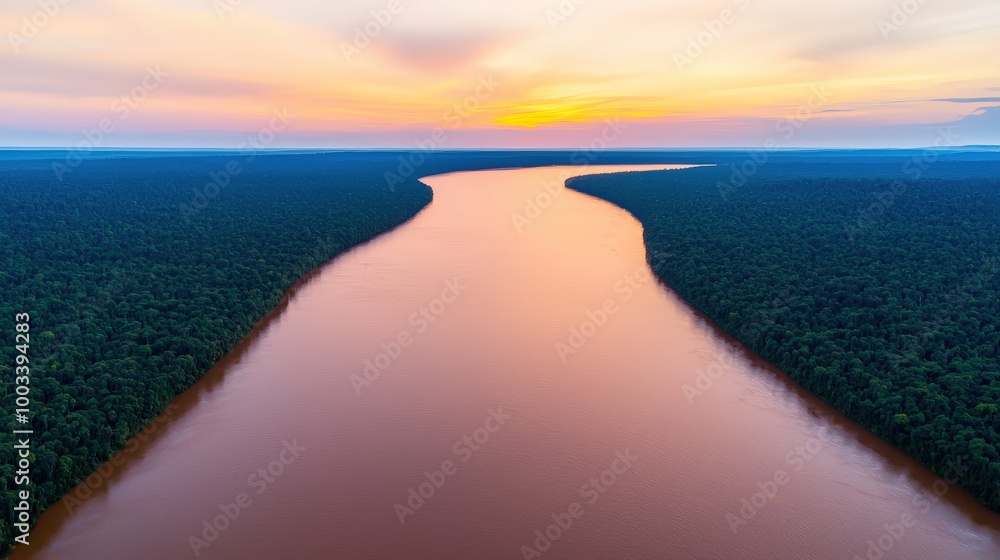 Fototapeta premium Aerial View of River Winding Through Lush Green Rainforest at Sunset