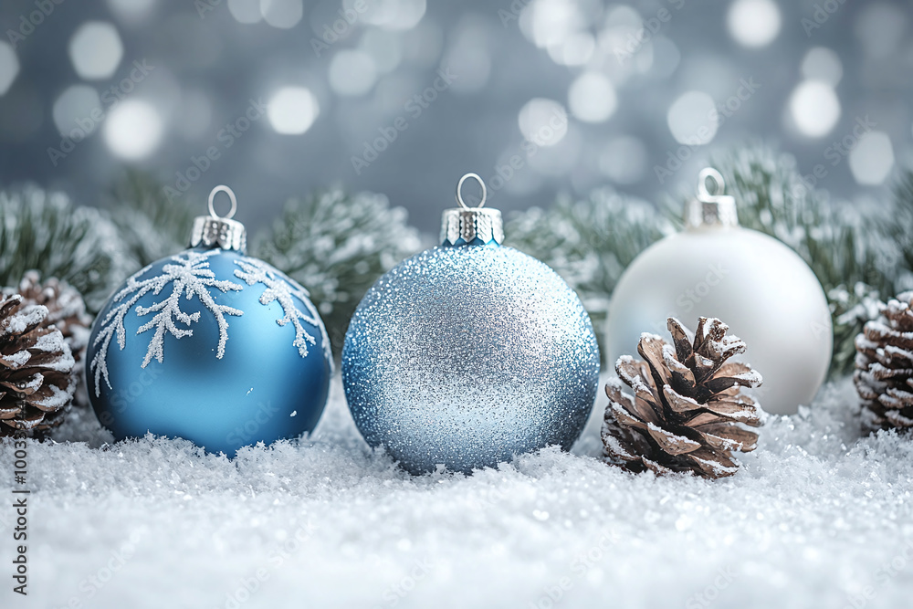 Silver background with blue and white ornaments, pine cones, and glittering snow. Silver background with blue and white ornaments, pine cones, and glittering snow.