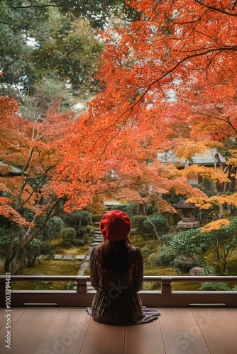 紅葉した美しい日本庭園を眺める女性の後ろ姿。禅の心｜A woman's back view of a beautiful Japanese garden with autumn leaves. Zen spirit. photo