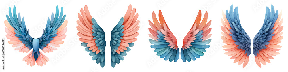 Wings spreading clipart, symbol of freedom and achievement, watercolor style, light blues and pinks, isolated on white background Wings spreading clipart, symbol of freedom and achievement, watercolor style, light blues and pinks, isolated on white background