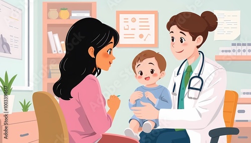 Illustration of a Mother, Child, and Doctor During a Checkup Appointment Discussing Child's Growth and Health at a Pediatrician's Office