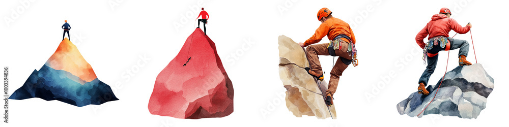 Climbing a mountain clipart, effort and success concept, watercolor style, Climbing a mountain clipart, effort and success concept, watercolor style,