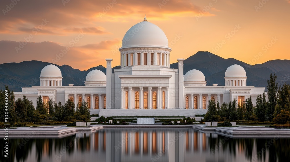 Obraz premium White Marble Mosque with Reflecting Pool and Mountains at Sunset