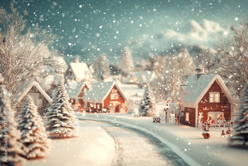 A cozy vintage Christmas village with snow-covered paths and charming cottages, capturing the essence of winter holidays photo