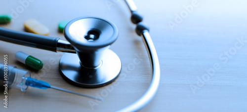 Healthcare background with stethoscope and medicine. 3d rendering photo